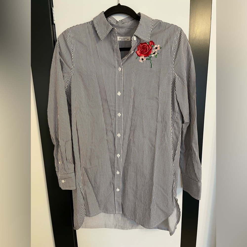 Equipment Black & White Stripped Tunic Button Down with Embroidered Flower